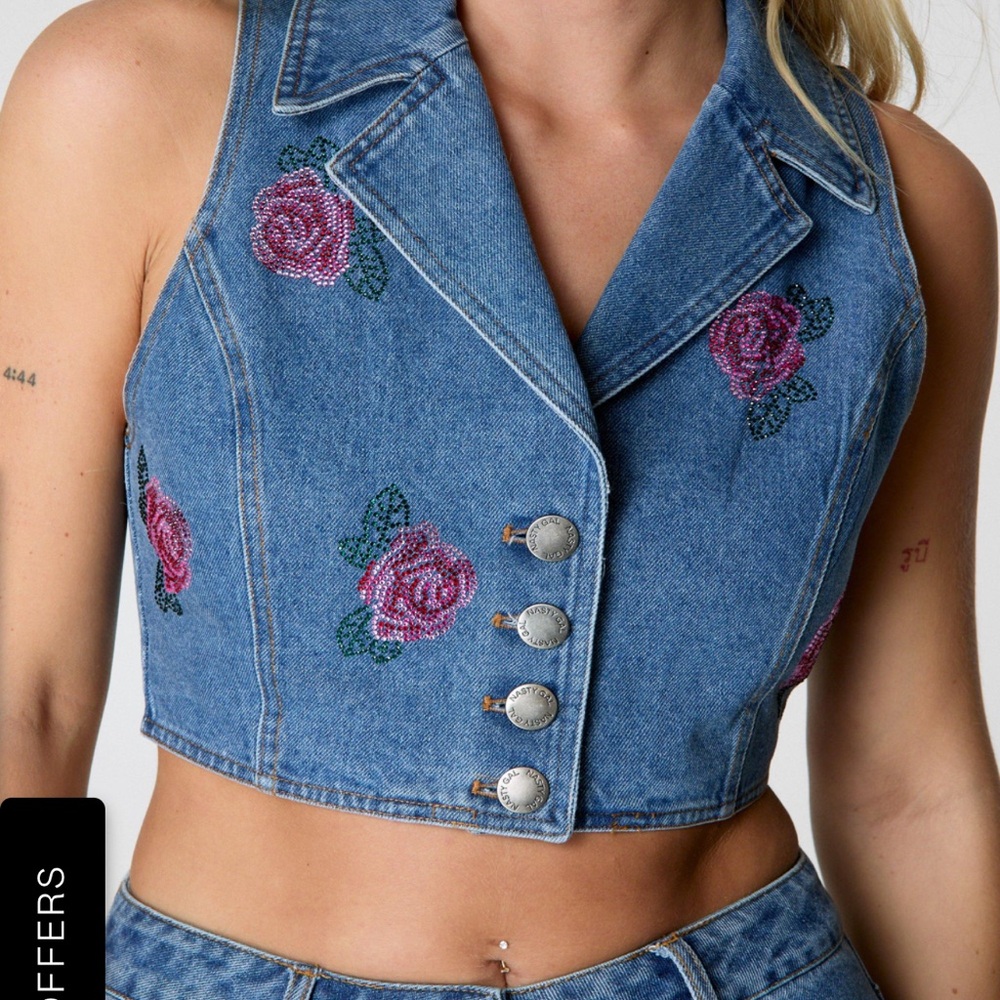 Denim Waistcoat and Jeans Set with Rose Hotflix Design - Picture 2 of 11